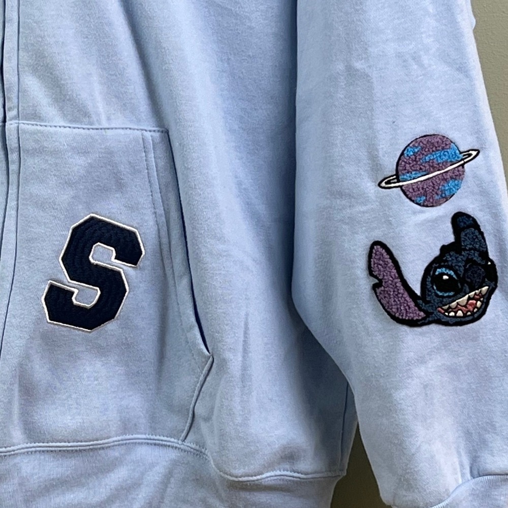 Disney Lilo & Stitch Light Blue Full Zip Hoodie Embroidered Chenille Patches XL - Picture 4 of 9